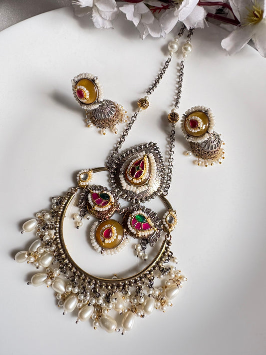 Premium Pearl Drop Pachi Kundan Necklace Set