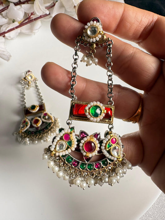 Traditional Indian Kundan Earrings with Ruby & Emerald Hues