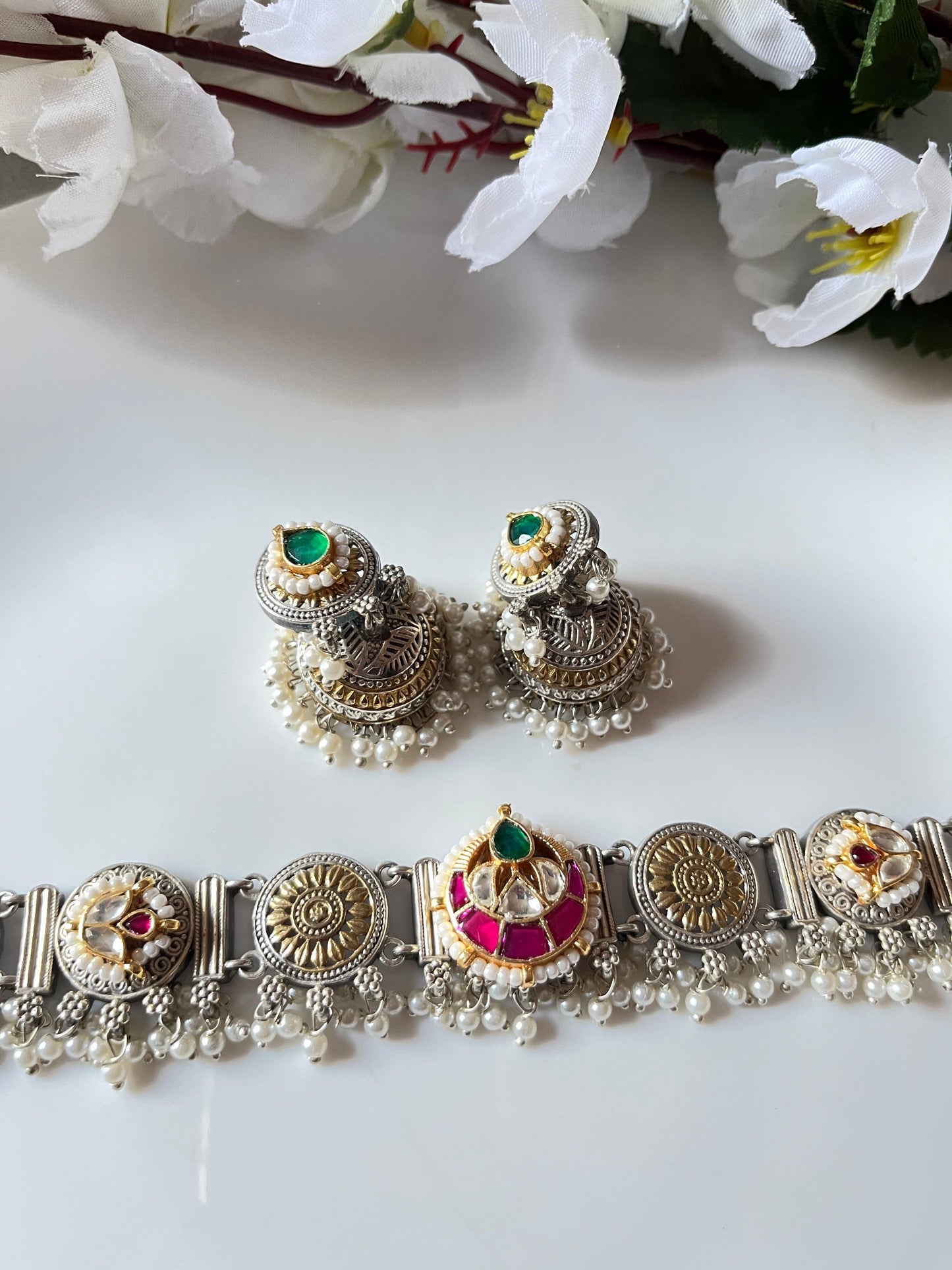 Designer Oxidised Jewellery Set with Green & Red Stones